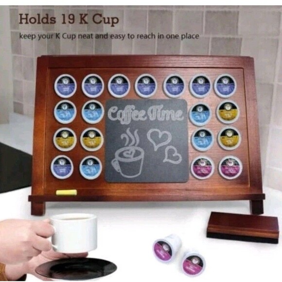 Wooden K-Cup Holder Display, 19 Pod Capacity  with Chalkboard, Chalk and Eraser - Picture 3 of 5